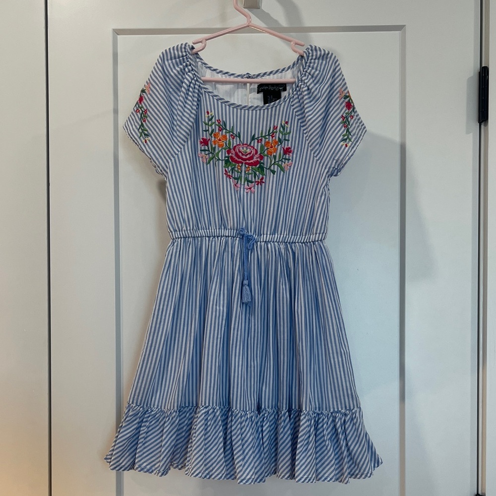 Cynthia Rowley Blue White Striped Dress with Floral Embroidered Design, Size 8